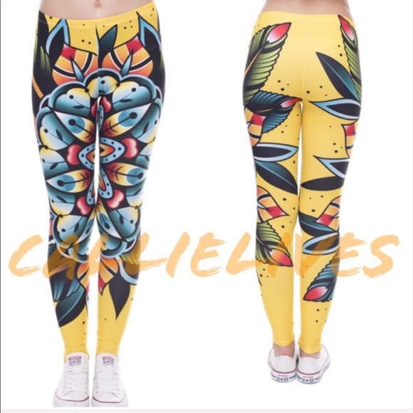 Last pair of YELLOW TATTOO FLOWER Graphic Leggings 3D Callie - Picture 6 of 8